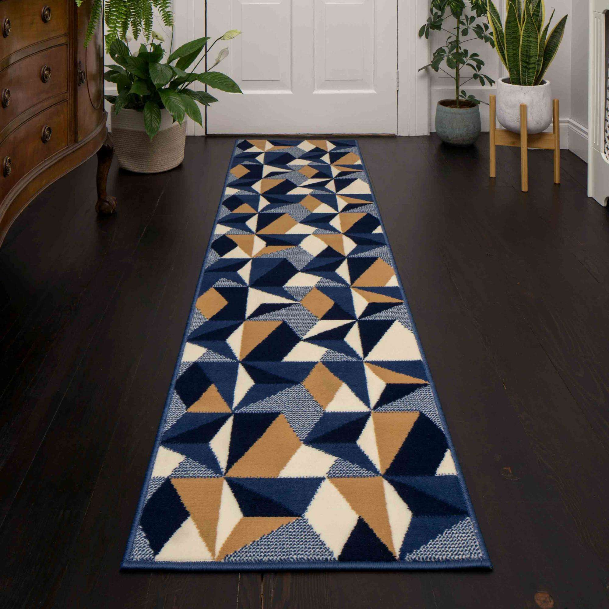 Blue Grey Modern Geometric Hall Runner Rugs Runner Rugs Kukoon Rugs