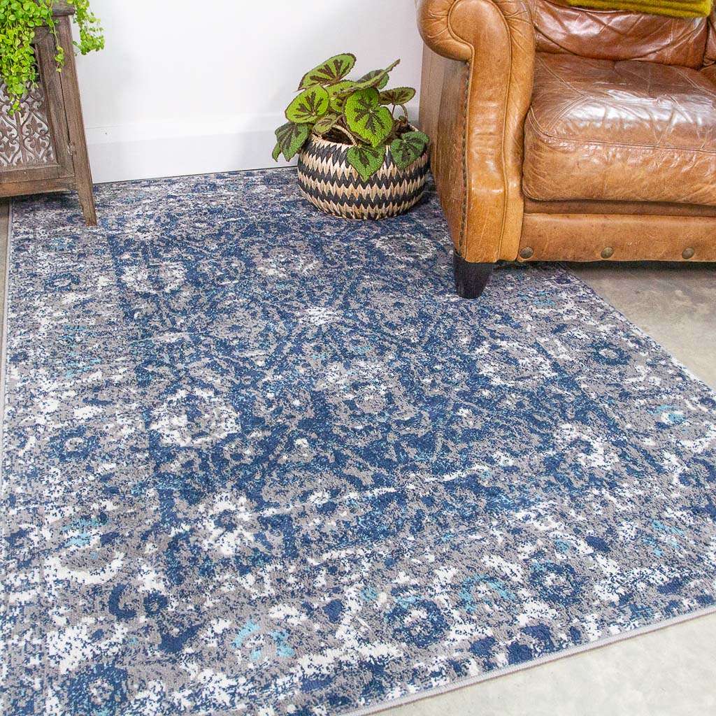 Faded Distressed Navy Oriental Pattern Rug Living Room Rugs Kukoon