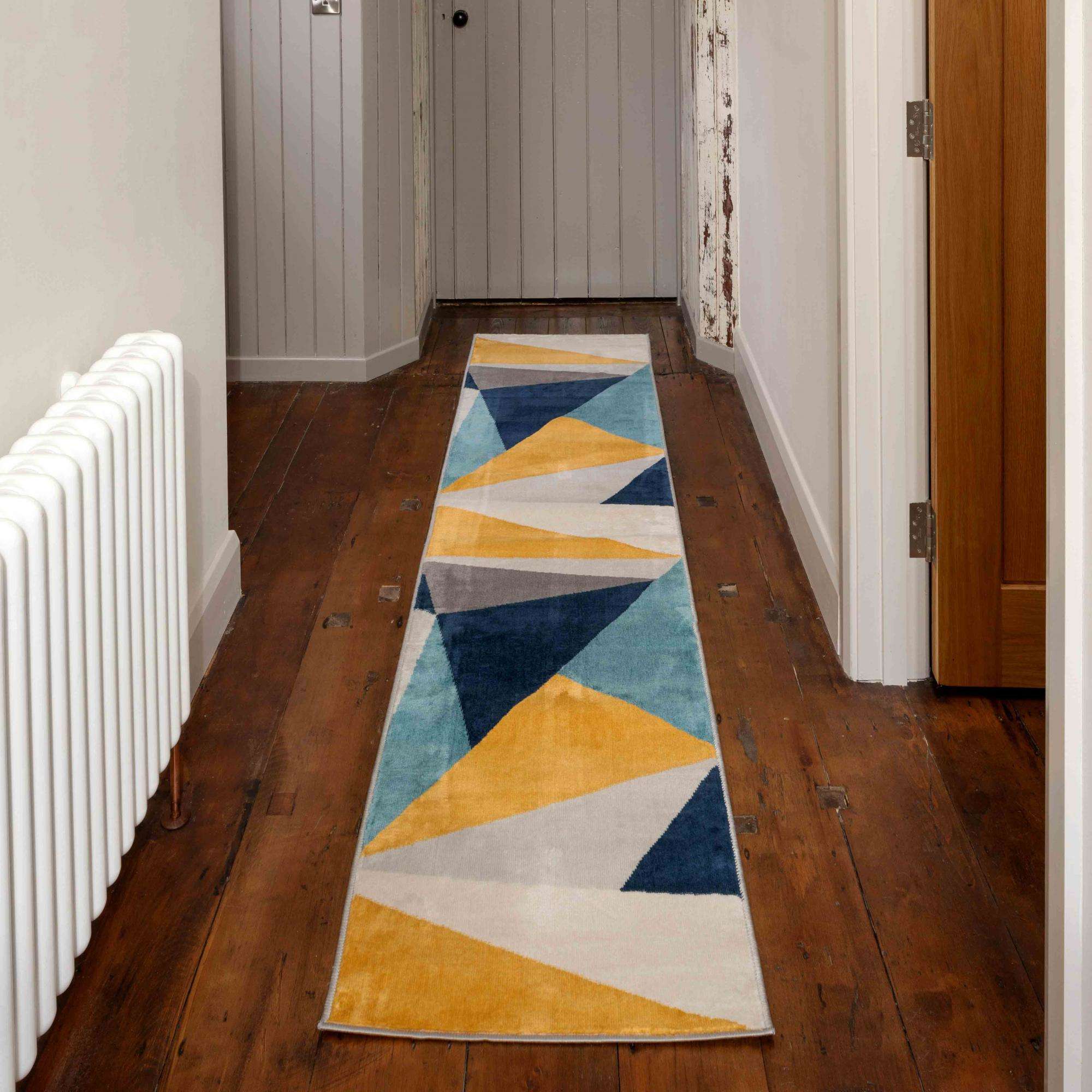Blue Yellow Pastel Abstract Large Hall Runner Rugs Runner Rugs
