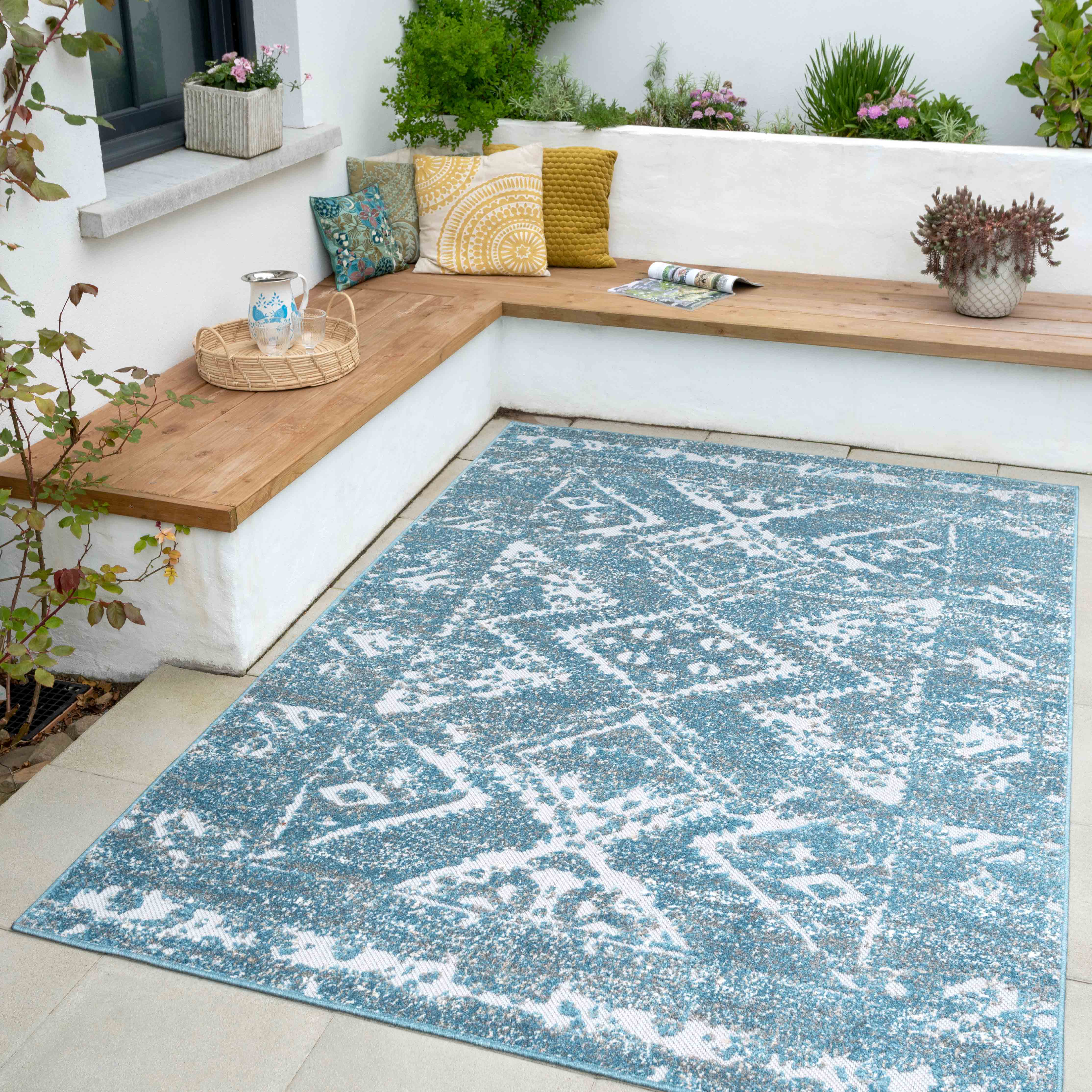 Soft Textured Vintage Teal Weatherproof Outdoor Garden Rug Edina