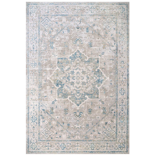 Traditional Blue Distressed Motif Living Room Rug