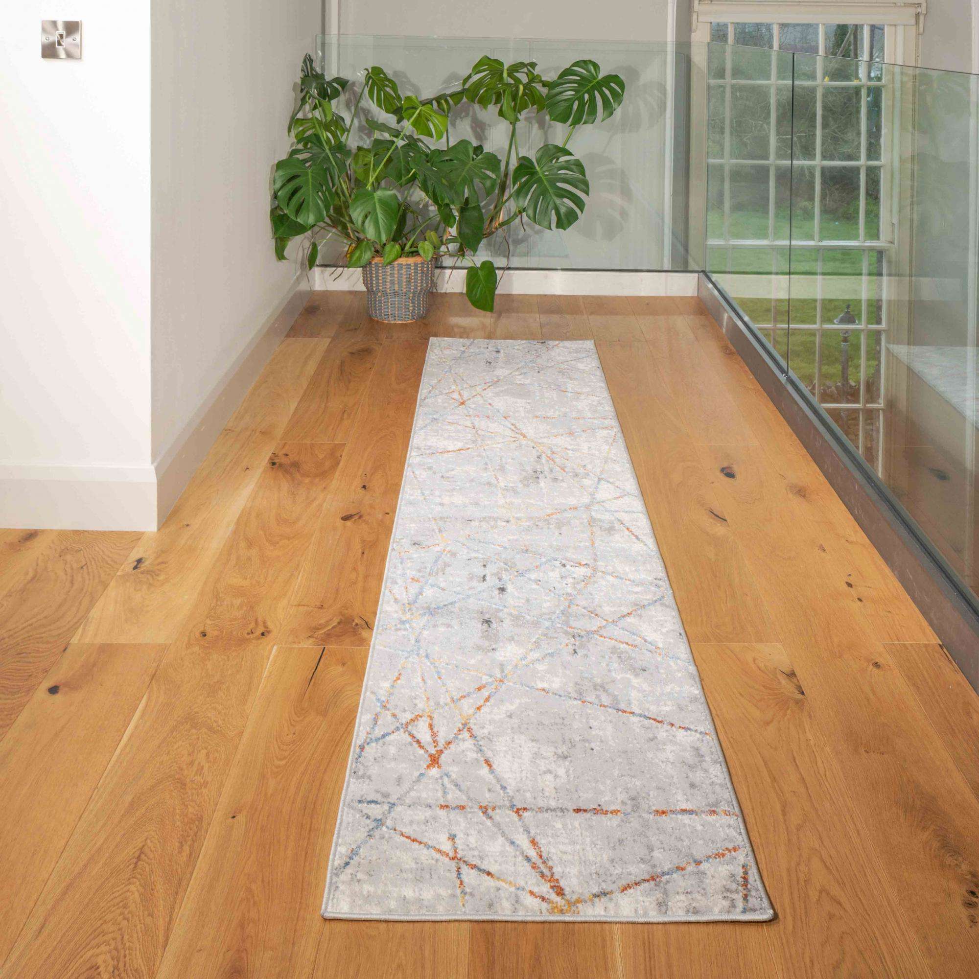 Soft Low Pile Grey Blue Orange Geometric Hall Runner Rug Runner Rugs