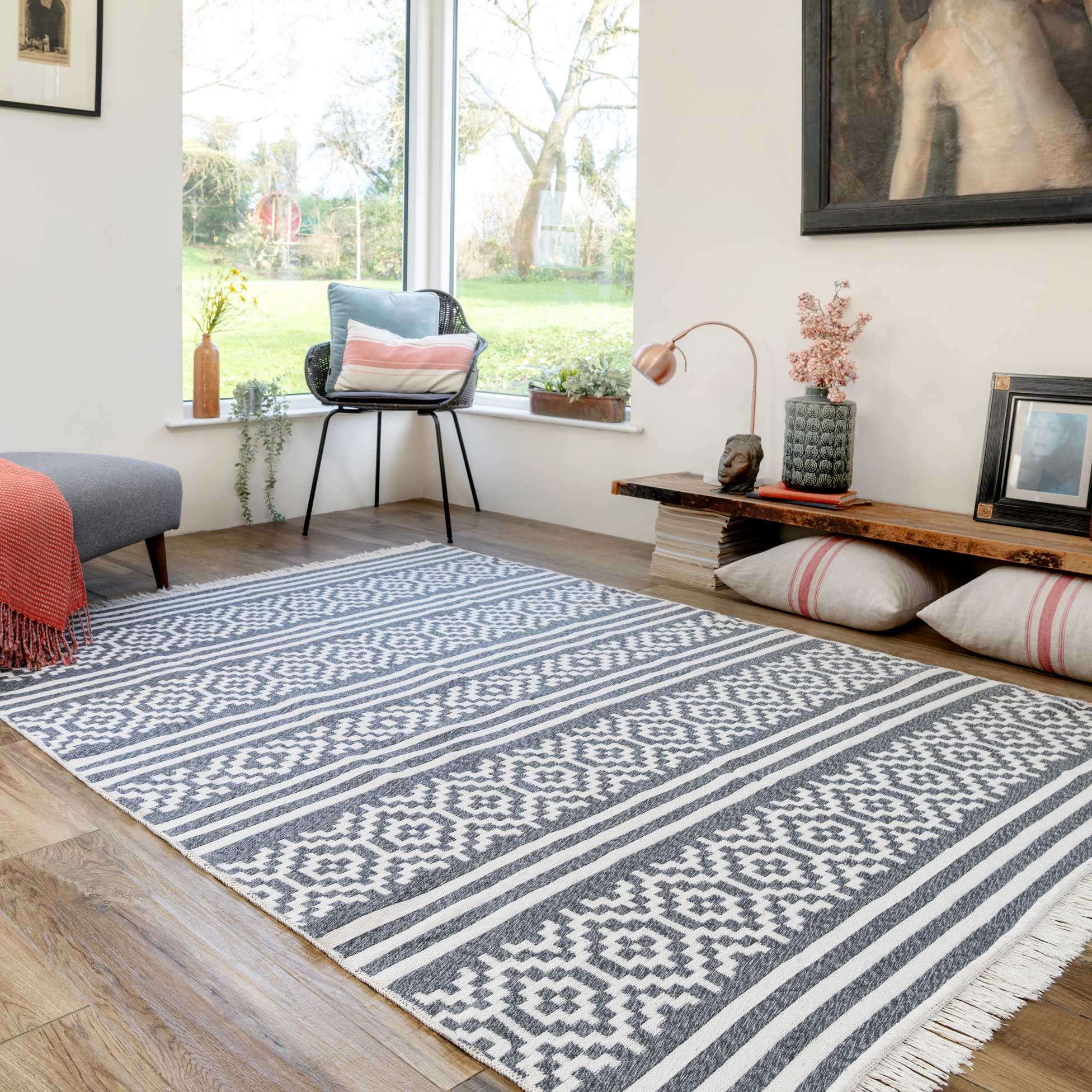Reversible Recycled Cotton Grey Aztec Motif Rug Sian Living Room