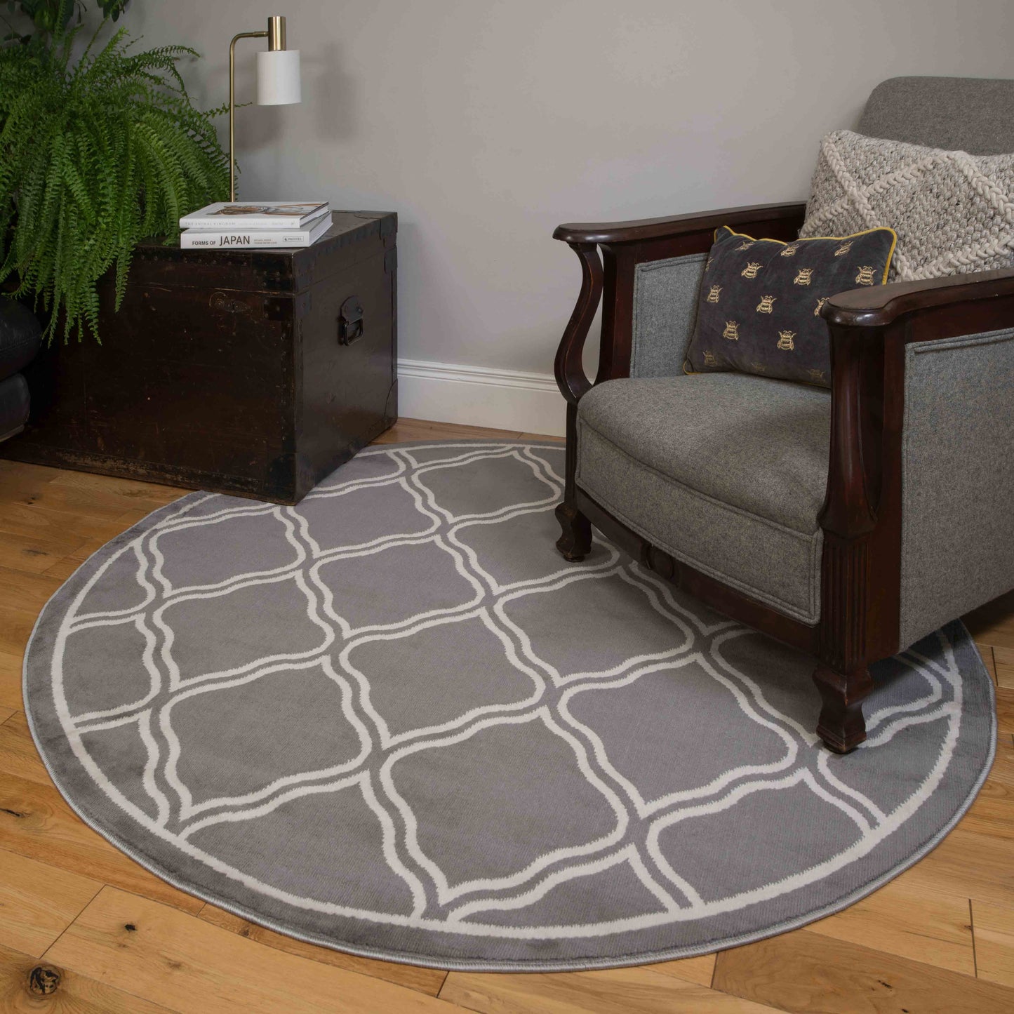 Circle Round Dark Grey Trellis Living Room Rug