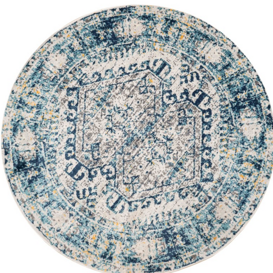 Round Circle Blue Oriental Distressed Vintage Rug