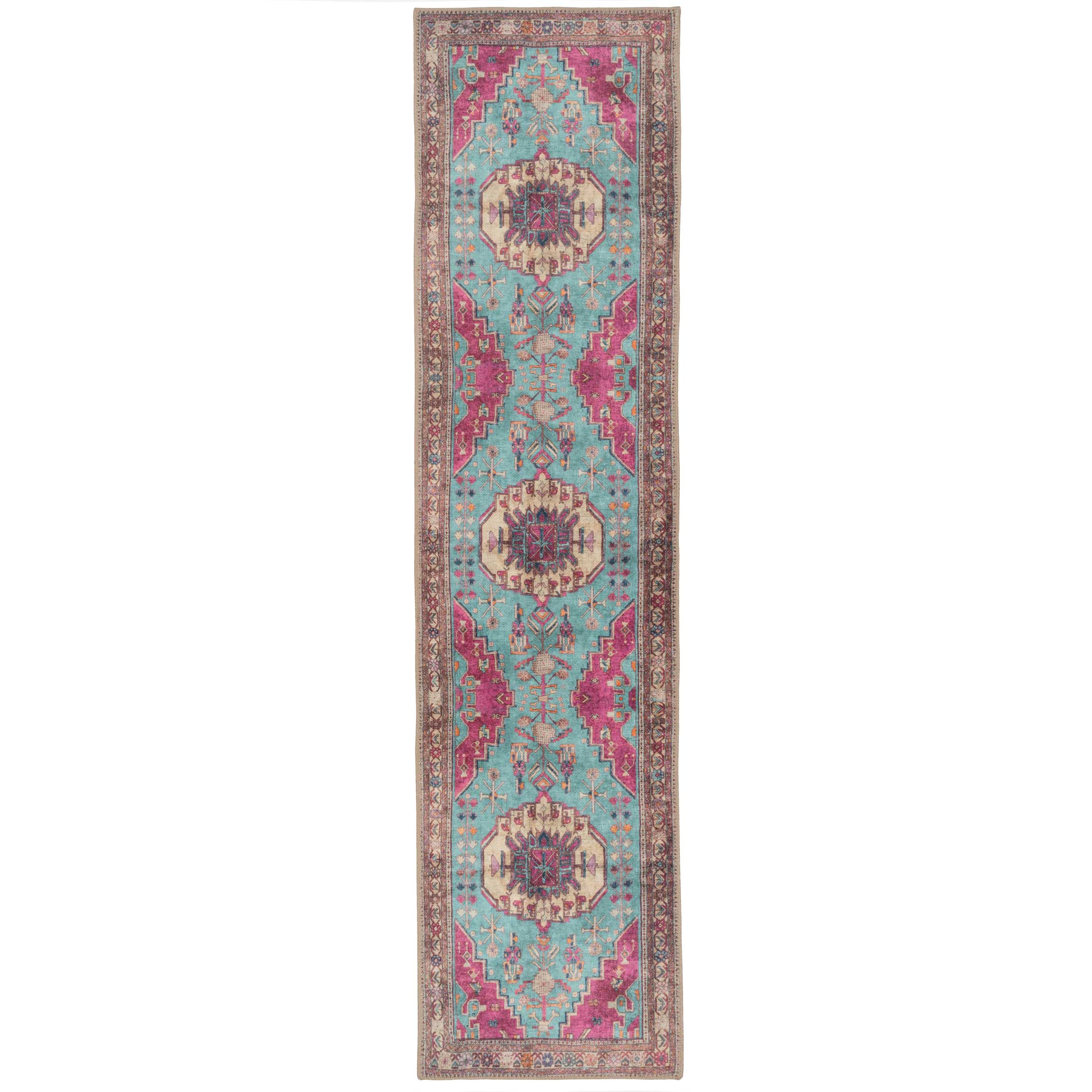Vibrant Teal Pink Washable Boho Runner Rug Clarissa Runner Rugs