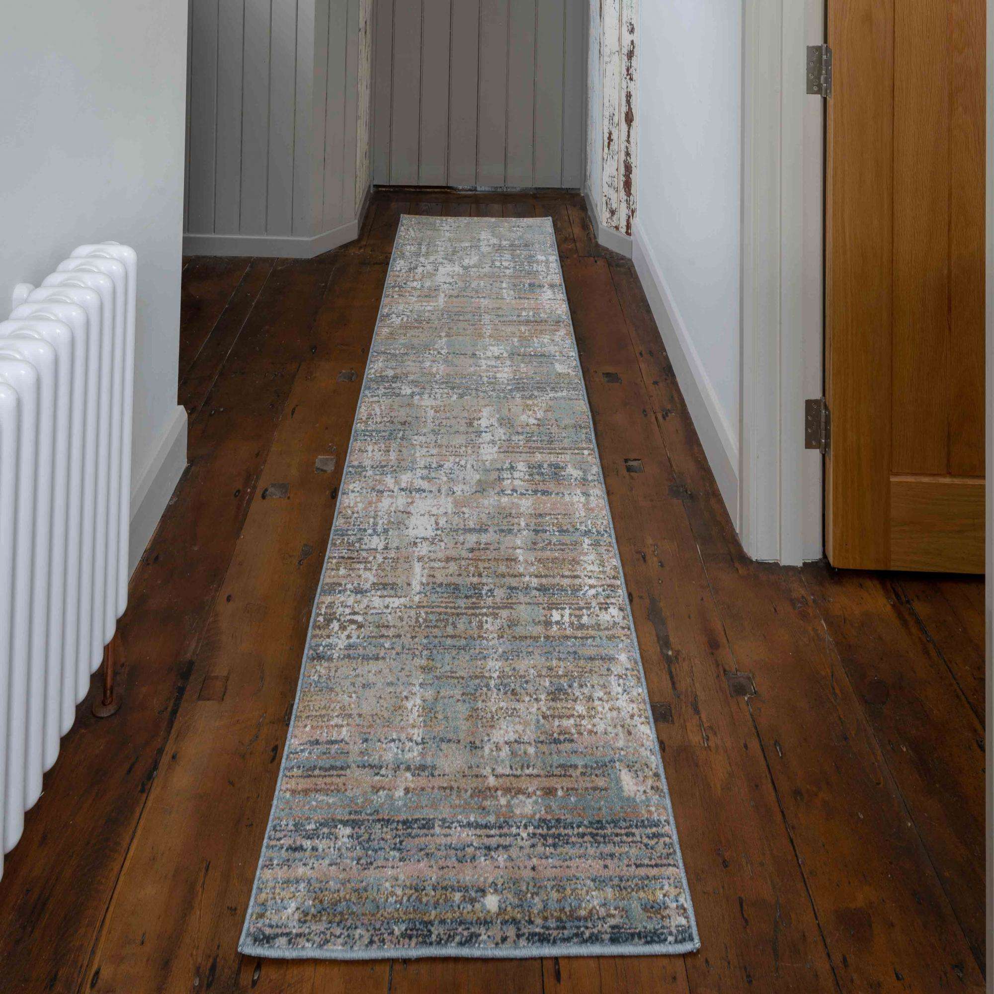 Soft Modern Blue Distressed Scratched Effect Runner Rugs Runner Rugs