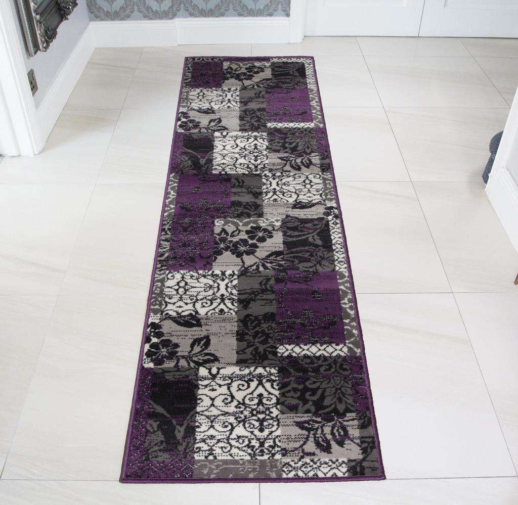 Purple Grey Modern Patchwork Runner Rugs | Runner Rugs | Kukoon Rugs Online