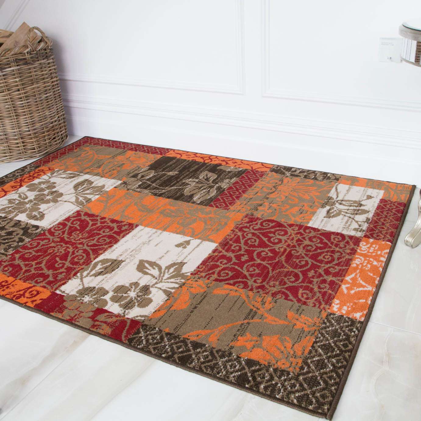 Terracotta Red Warm Patchwork Living Room Rug