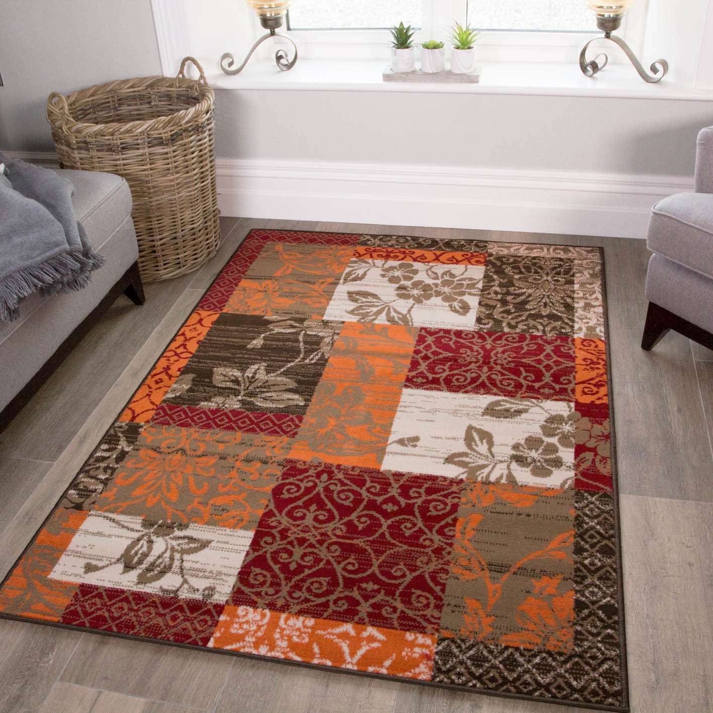Terracotta Red Warm Patchwork Living Room Rug