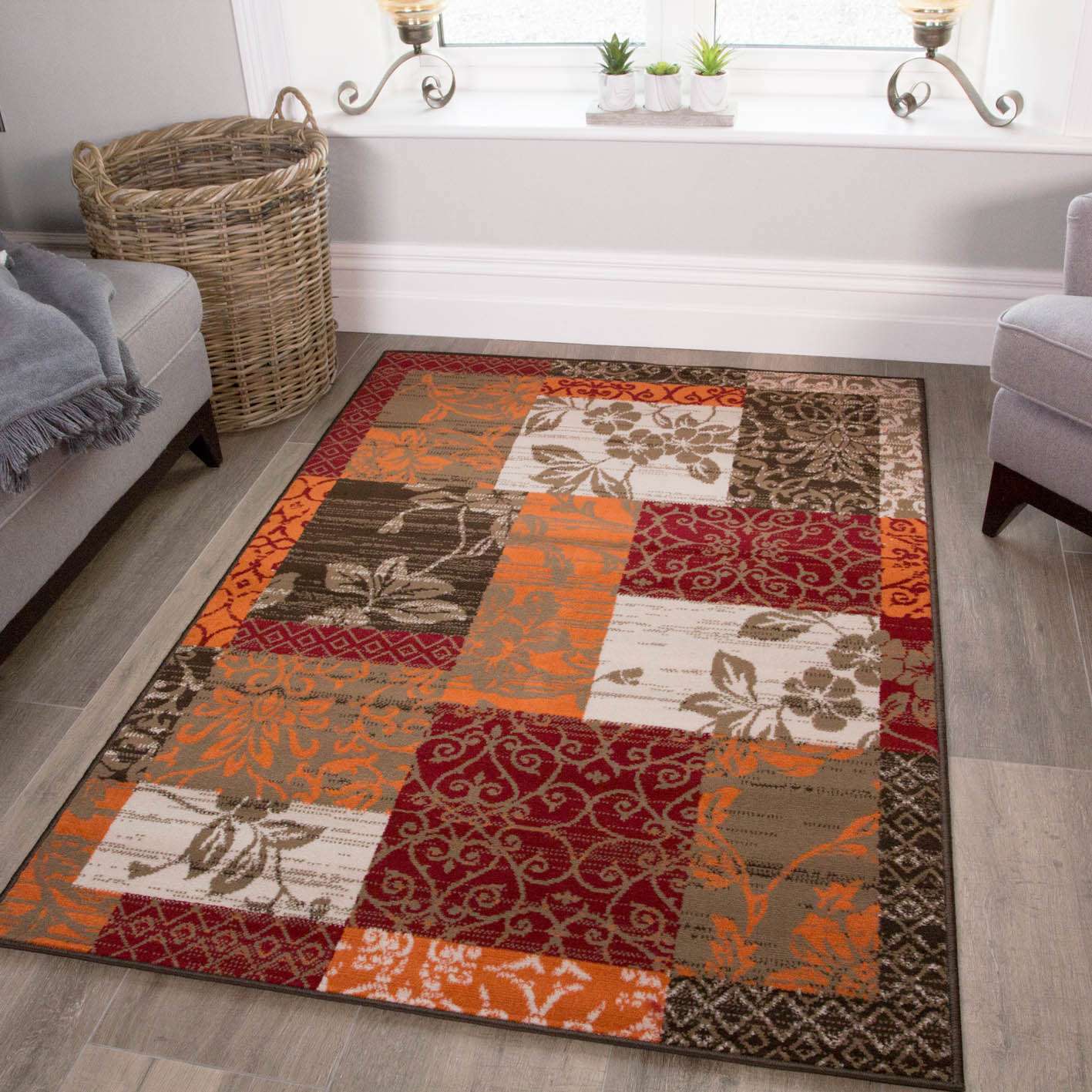 Terracotta Red Warm Patchwork Living Room Rug