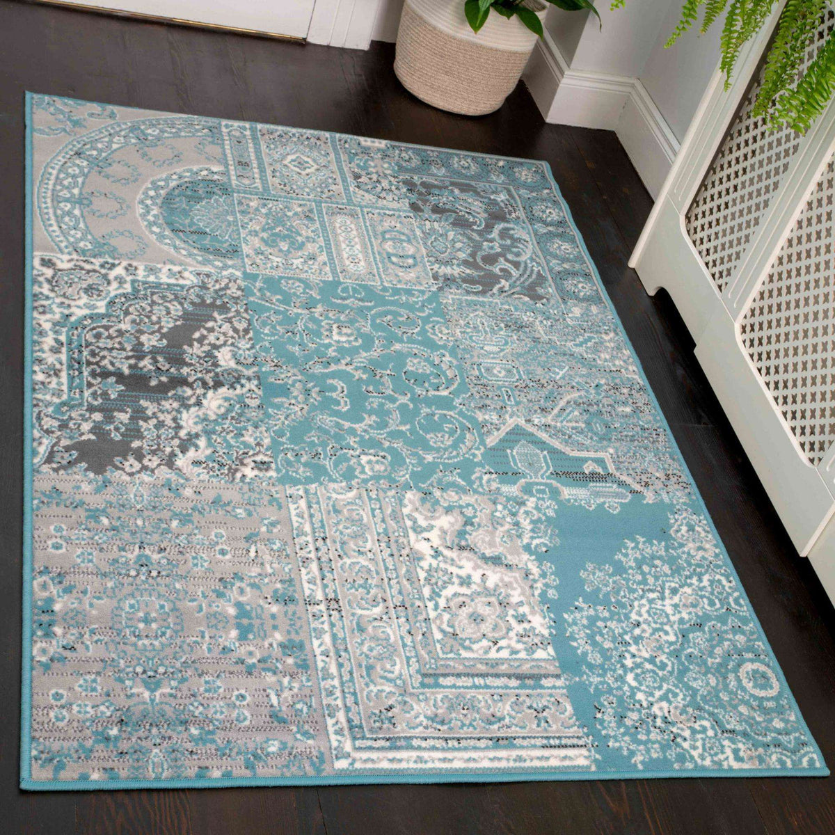 Duck Egg Traditional Patchwork Living Room Rug