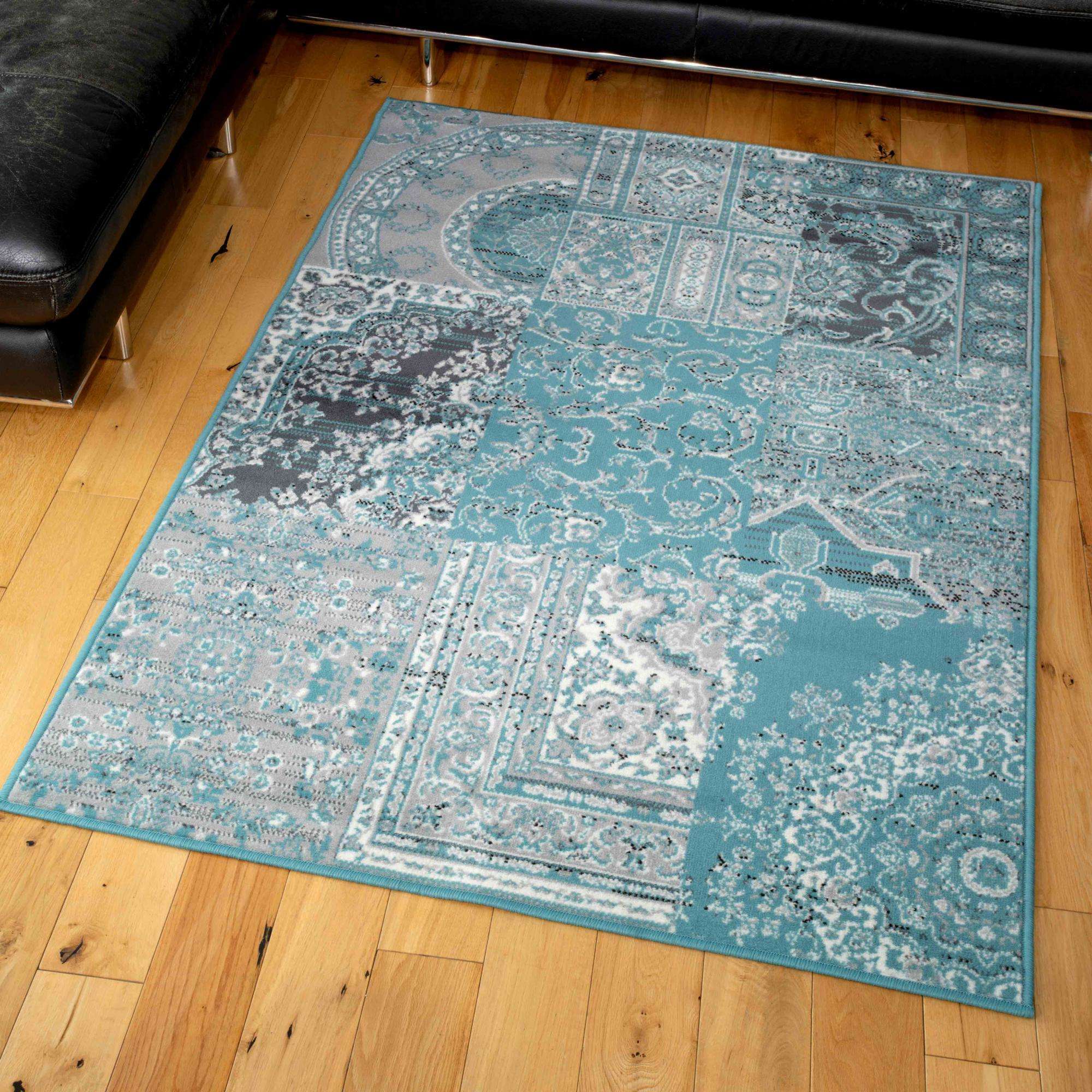 Duck Egg Traditional Patchwork Living Room Rug