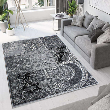 Black Grey Traditional Patchwork Living Room Rug