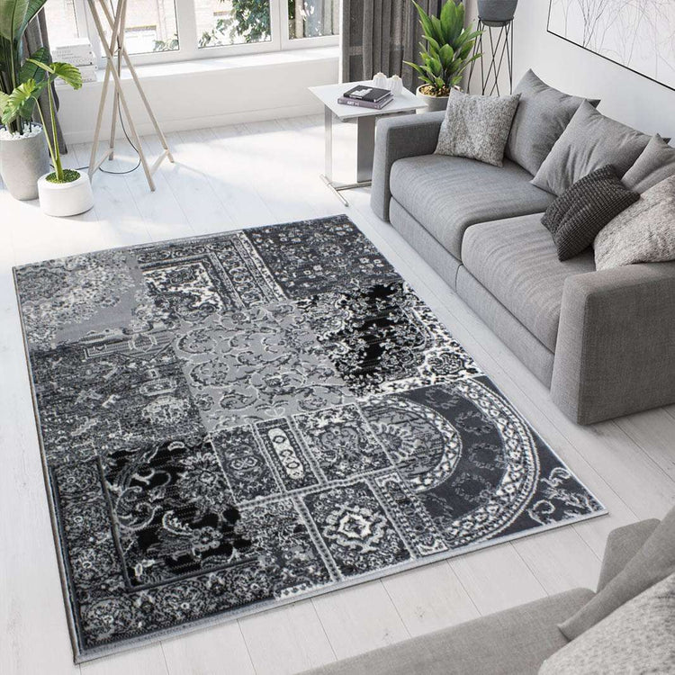 Black Grey Traditional Patchwork Living Room Rug