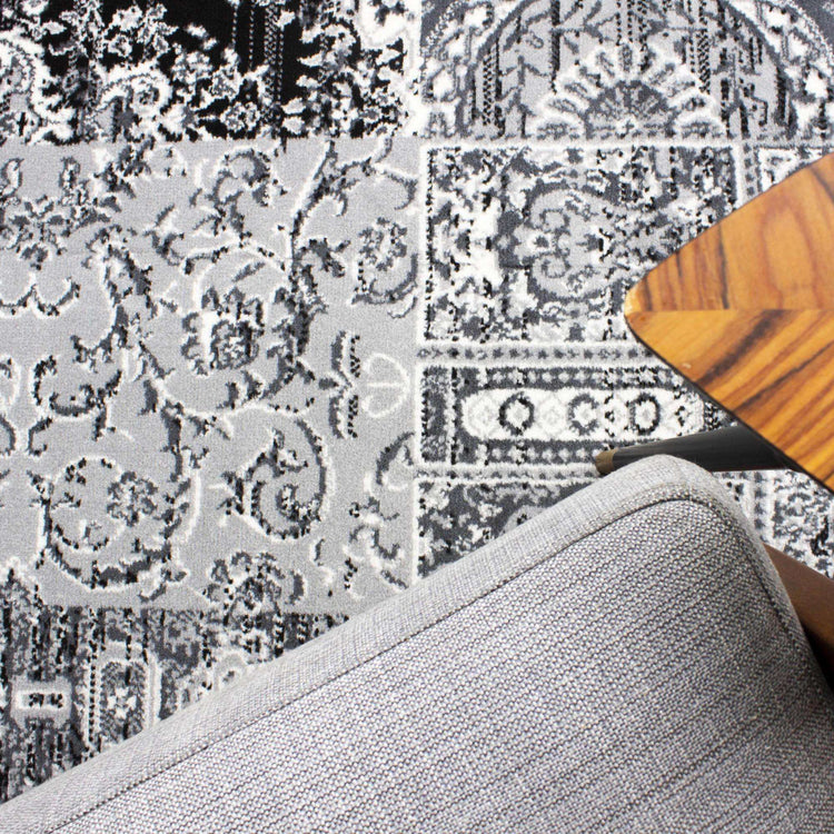 Black Grey Traditional Patchwork Living Room Rug