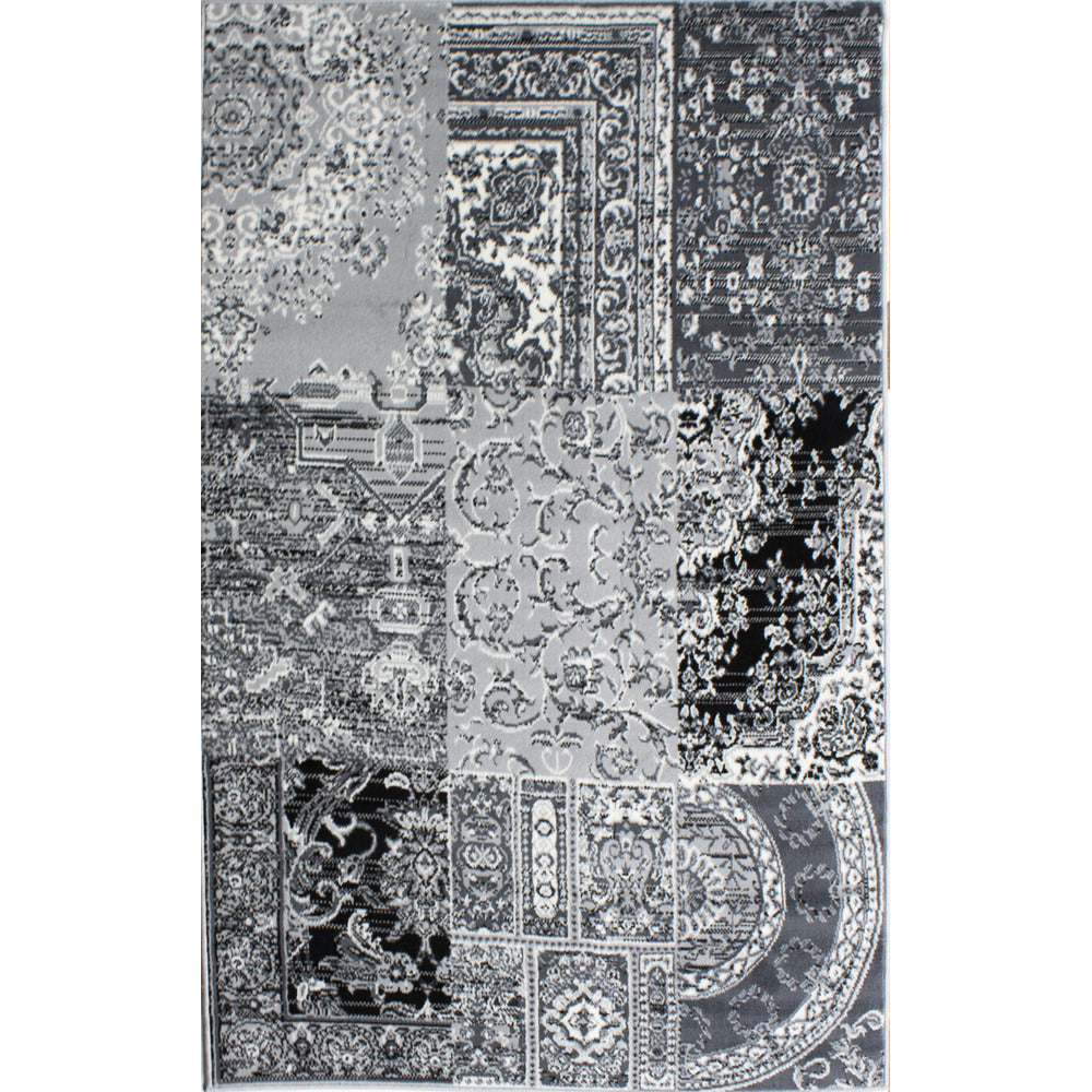 Black Grey Traditional Patchwork Living Room Rug