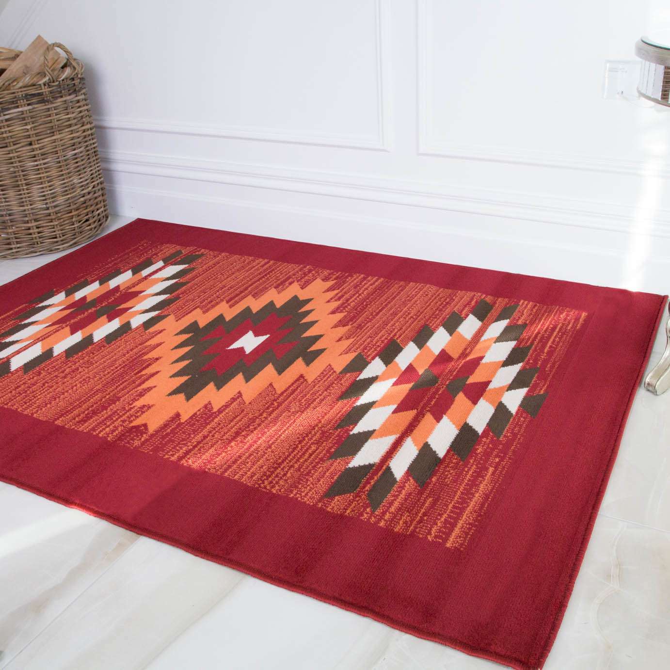 Red Aztec Tribal Medallion Bedroom Rug