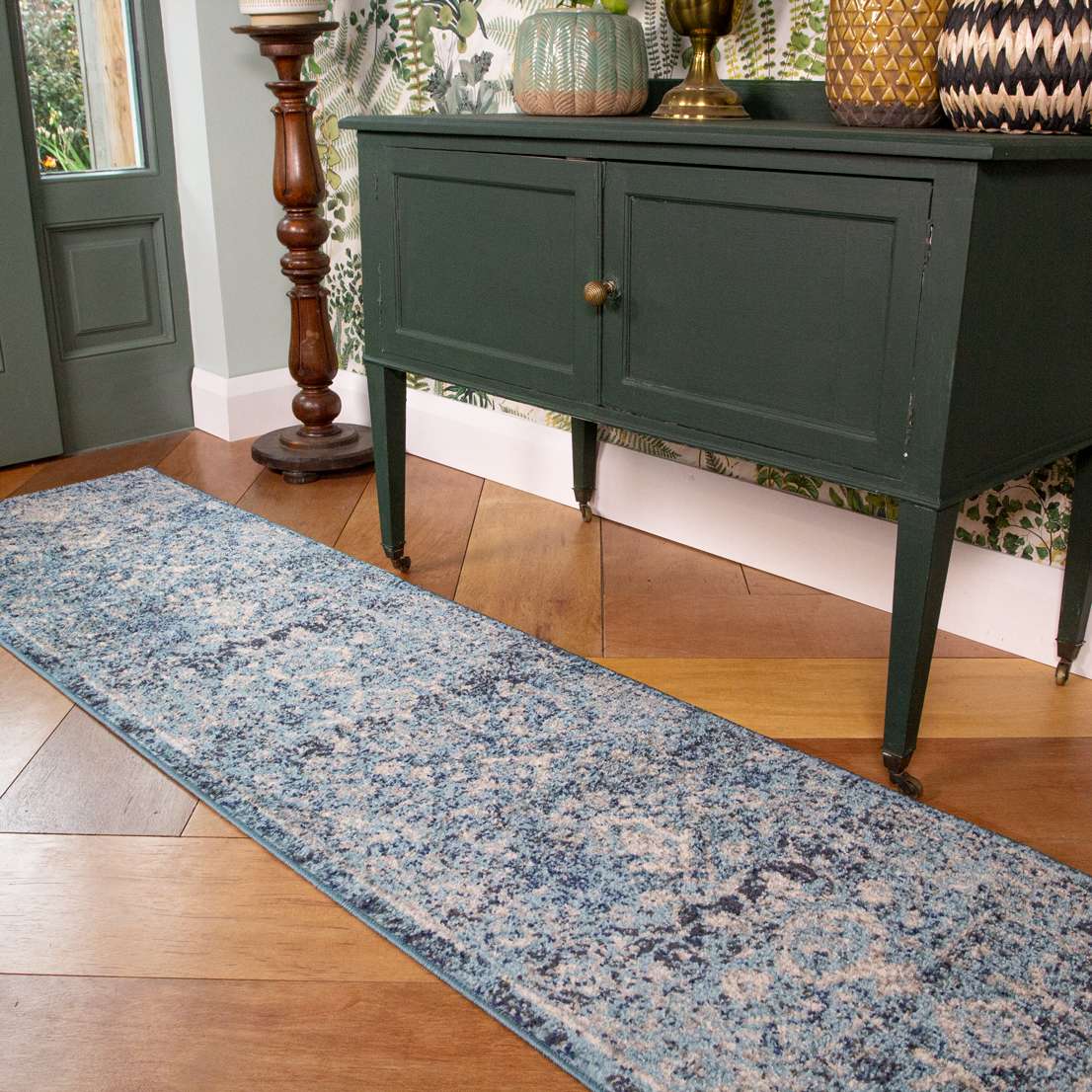 Teal Distressed Traditional Runner Rug