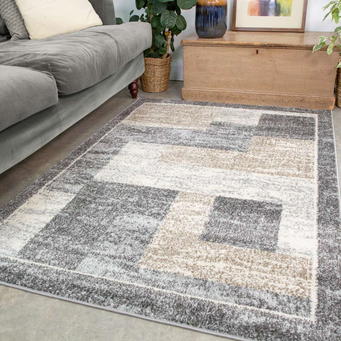 Grey Brown Blocks Modern Living Room Runner Rug
