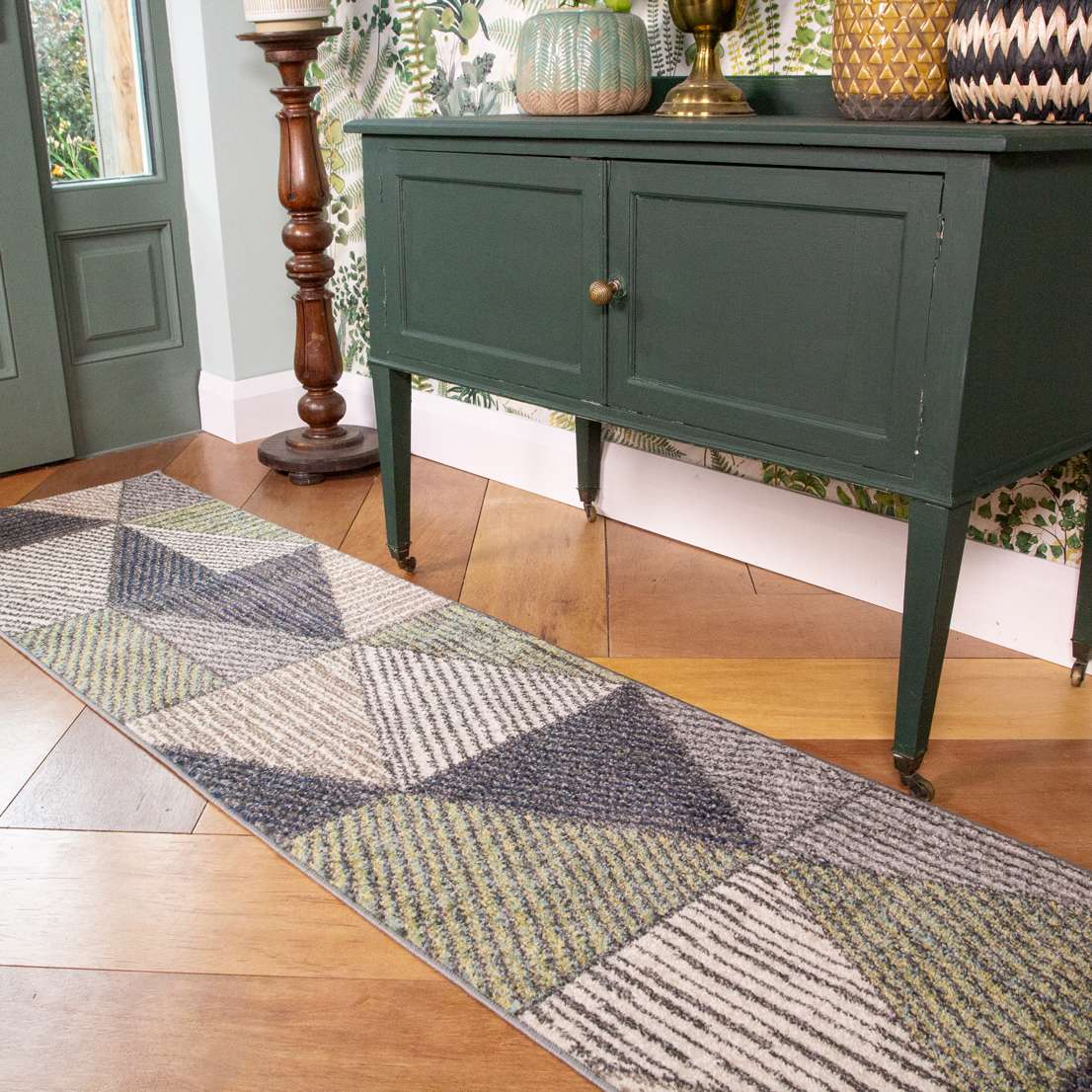 Green Grey Geometric Soft Living Room Runner Rug