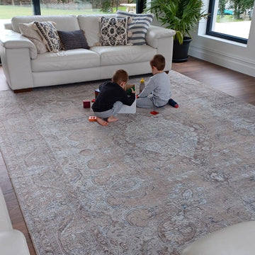 Flatwoven Washable Traditional Distressed Beige Rug - Zoe