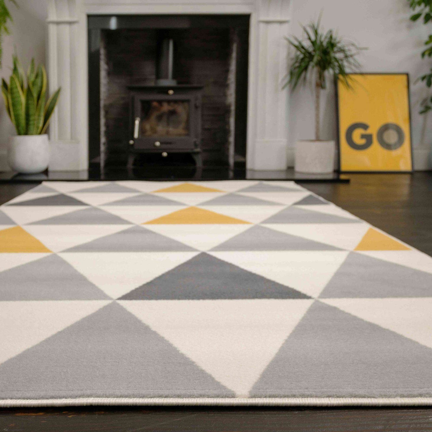 Yellow Grey Geometric Triangle Bedroom Rug | Living Room Rugs | Kukoon ...