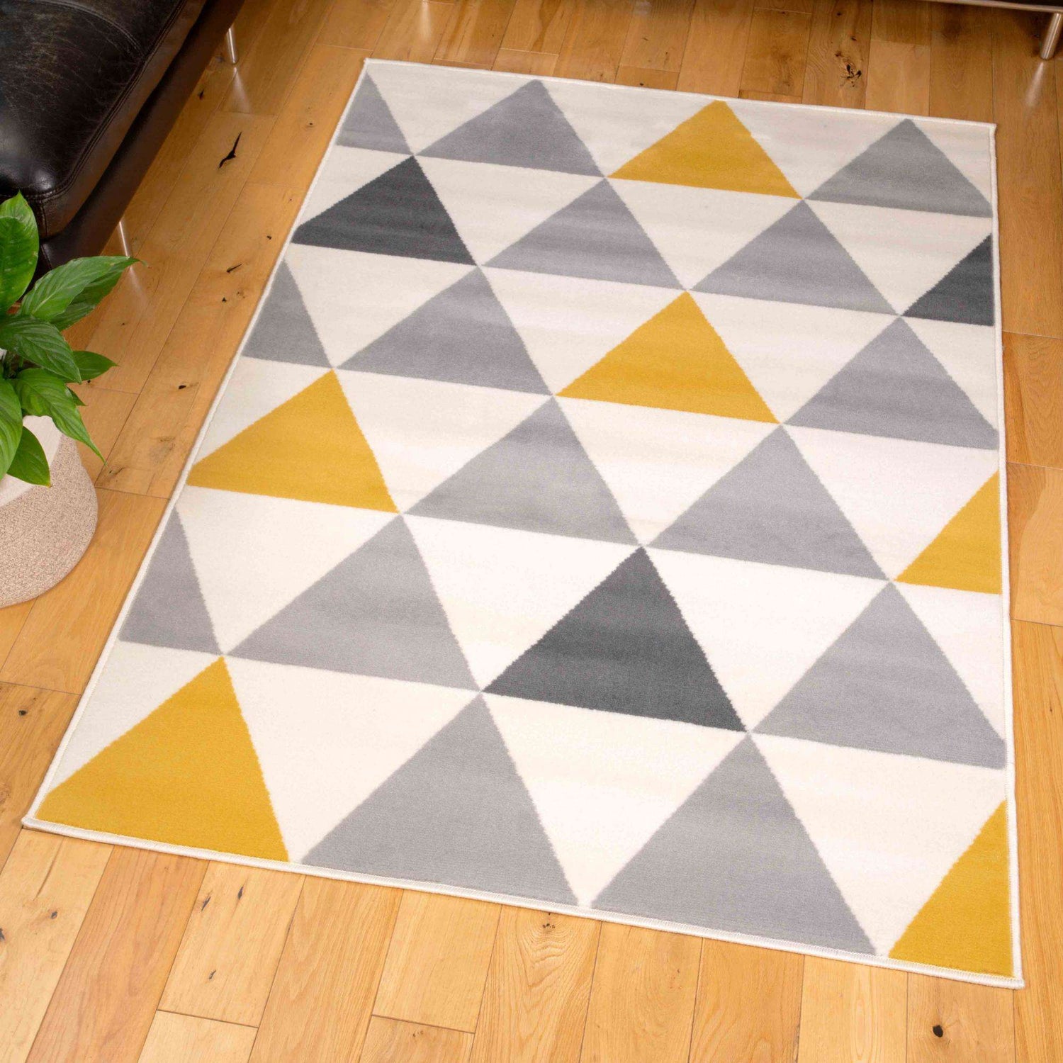 Yellow Grey Geometric Triangle Bedroom Rug