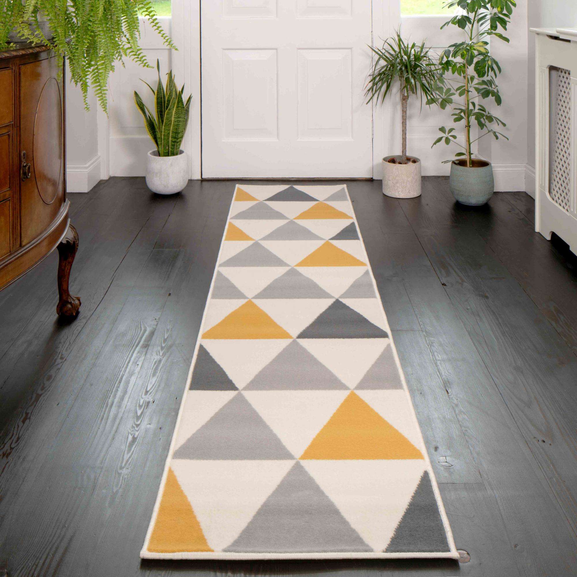Yellow Grey Geometric Triangle Bedroom Rug