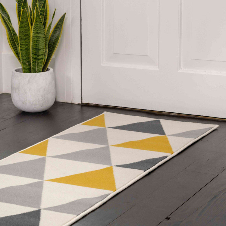 Yellow Grey Geometric Triangle Bedroom Rug