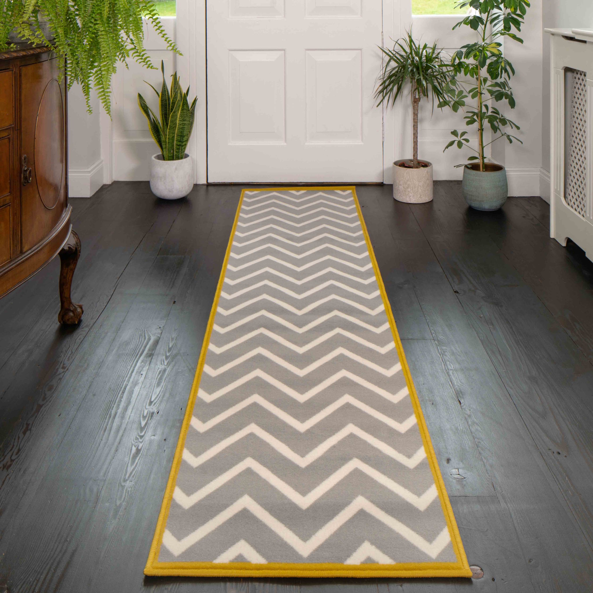 Grey Chevron Bordered Runner Rug