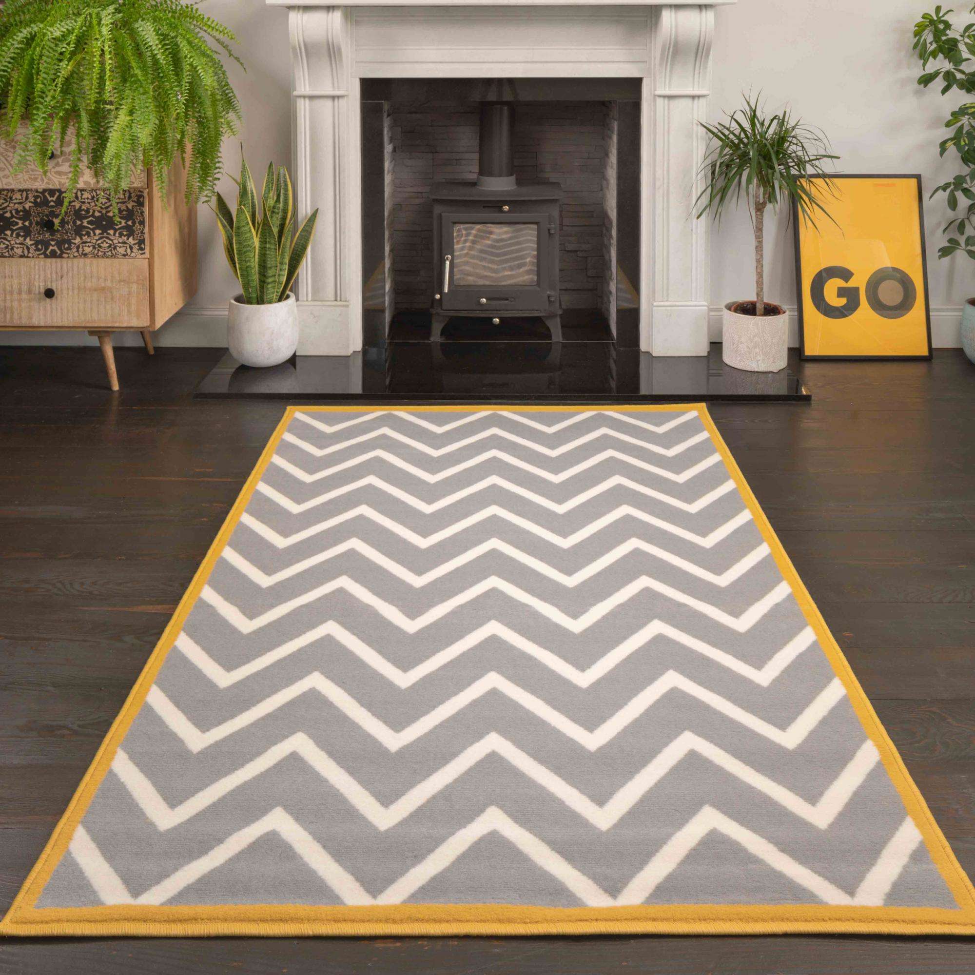 Grey Chevron Bordered Rug