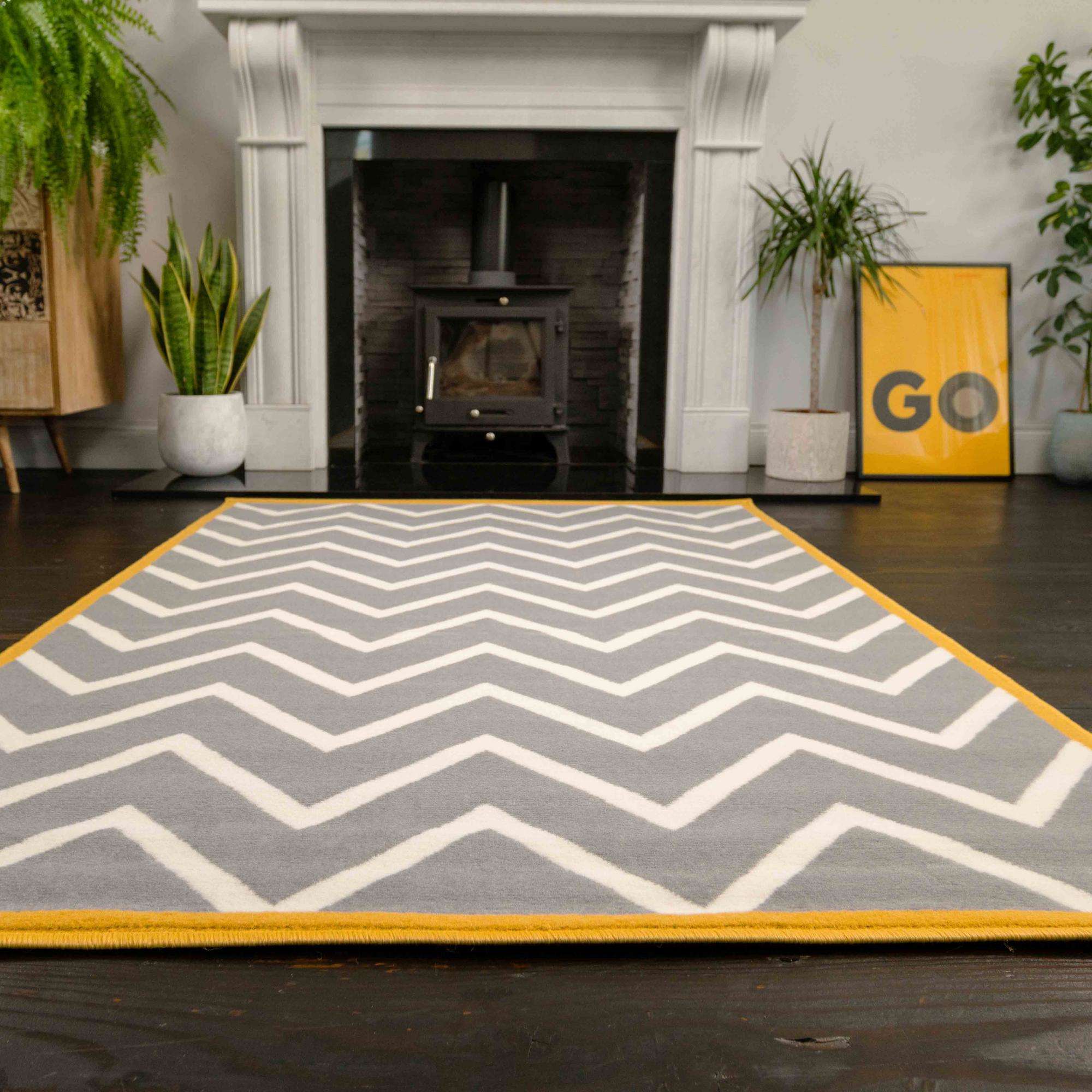 Grey Chevron Bordered Rug