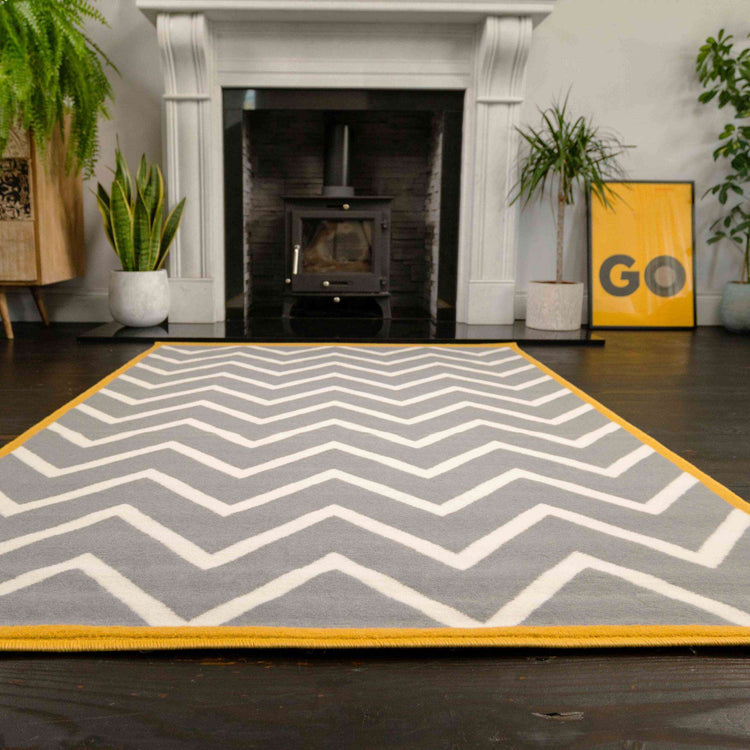 Grey Chevron Bordered Rug