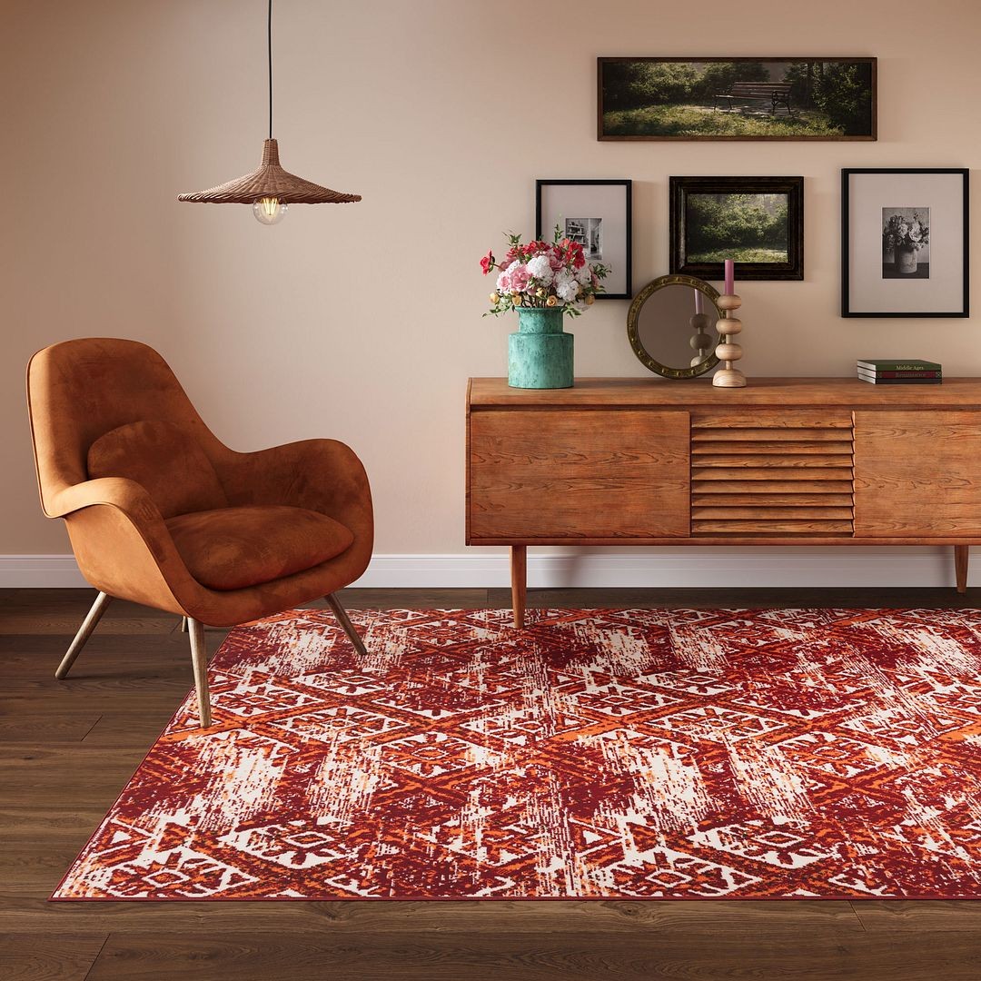 Red Orange Patterned Living Room Rug