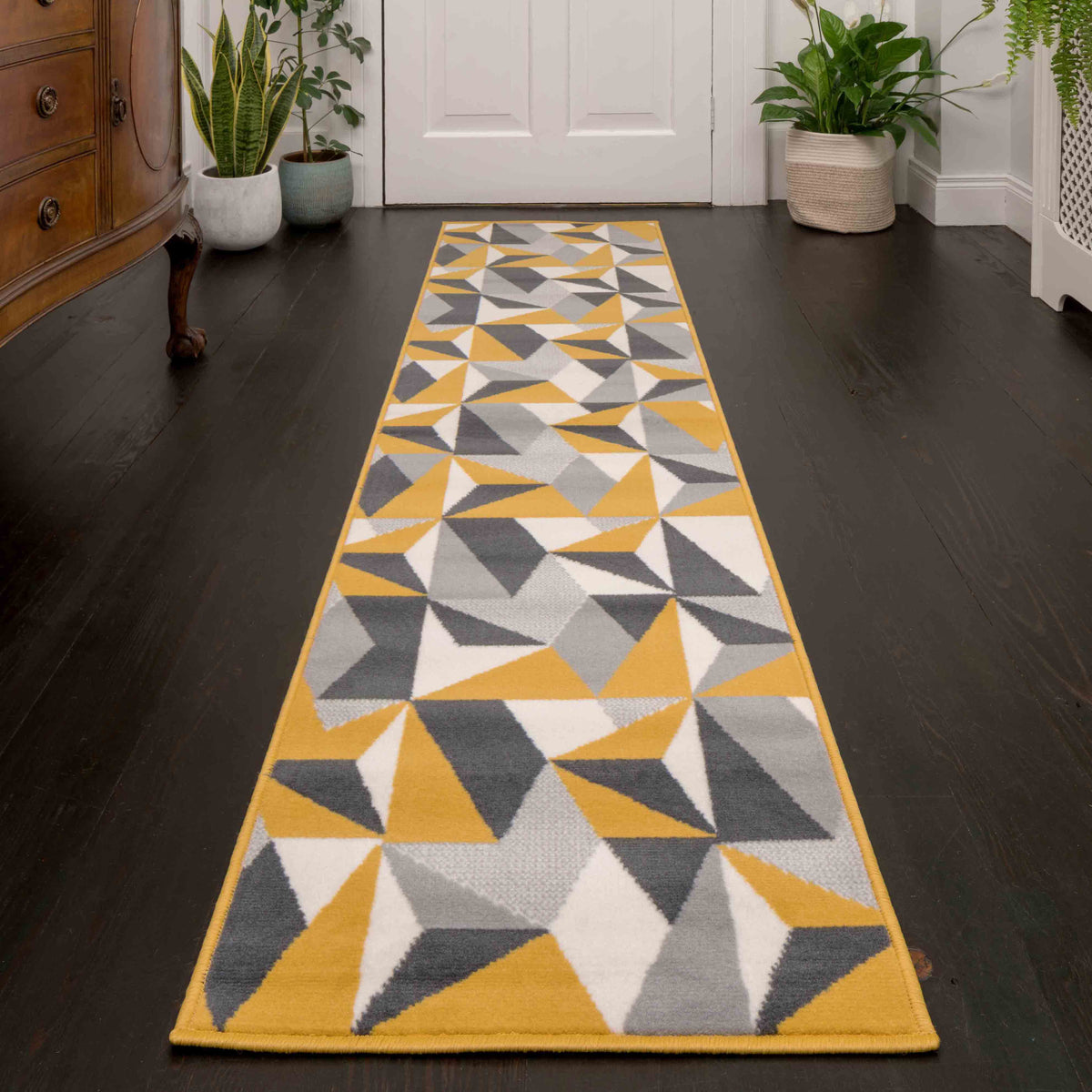 Geometric Yellow and Grey Runner Rug