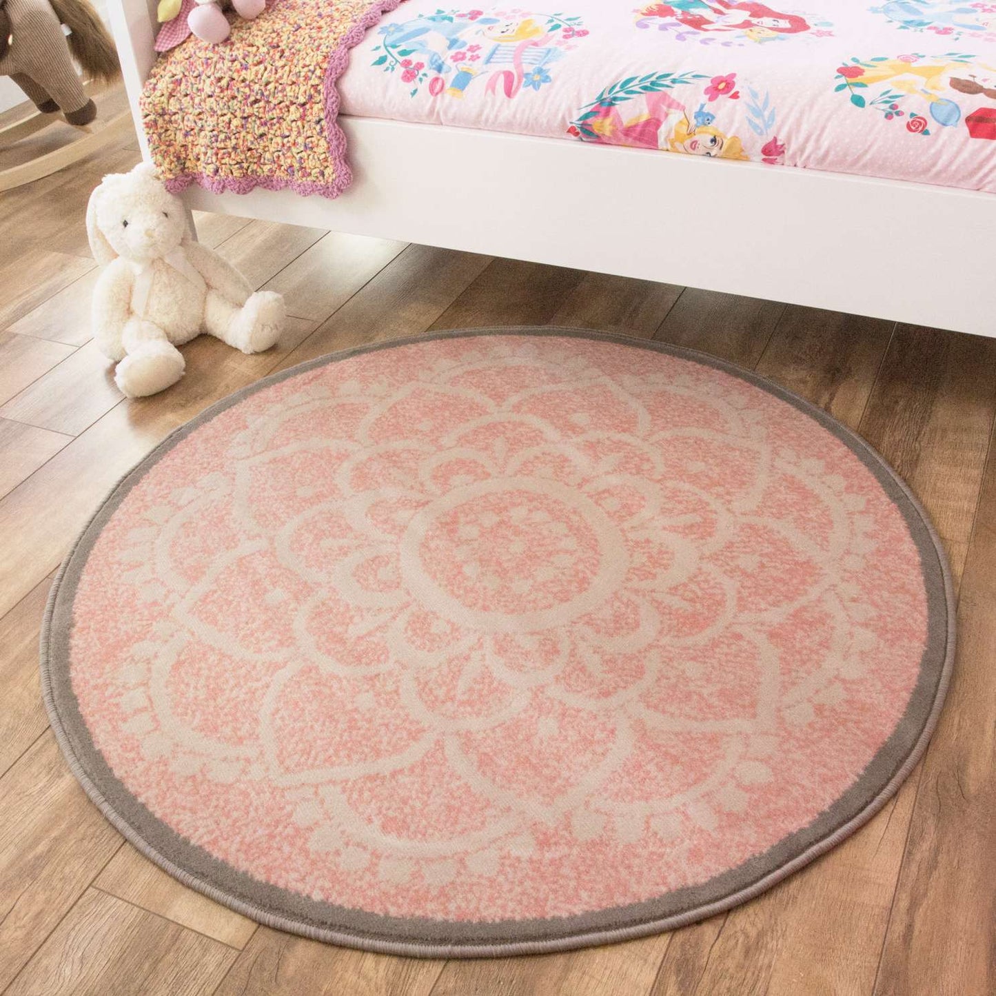 Pink Round Floral Living Room Rug
