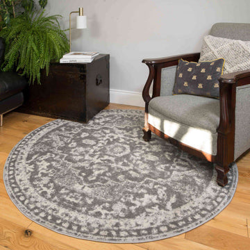 Round Circle Faded Distressed Grey Oriental Rug