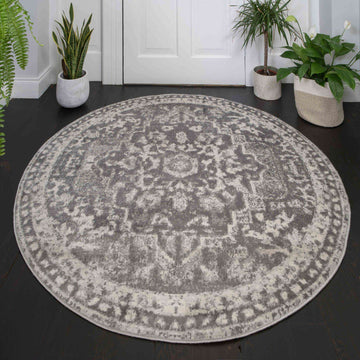 Round Circle Faded Distressed Grey Oriental Rug