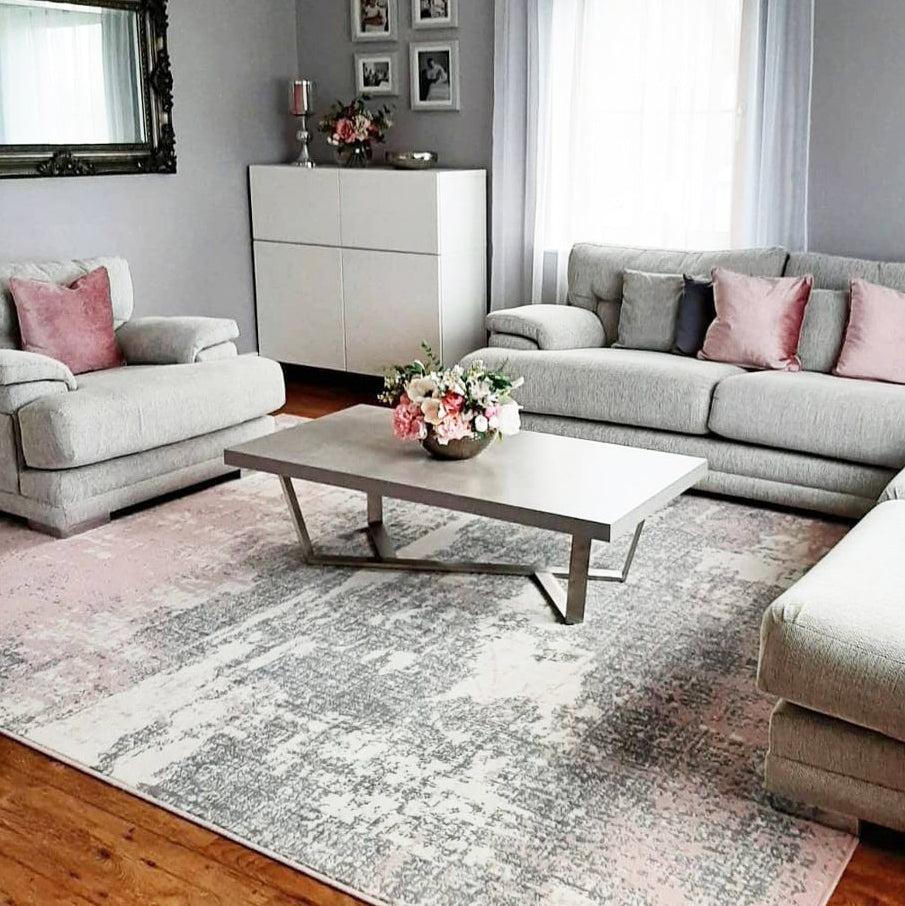 Pink Grey Distressed Worn Look Living Room Rug