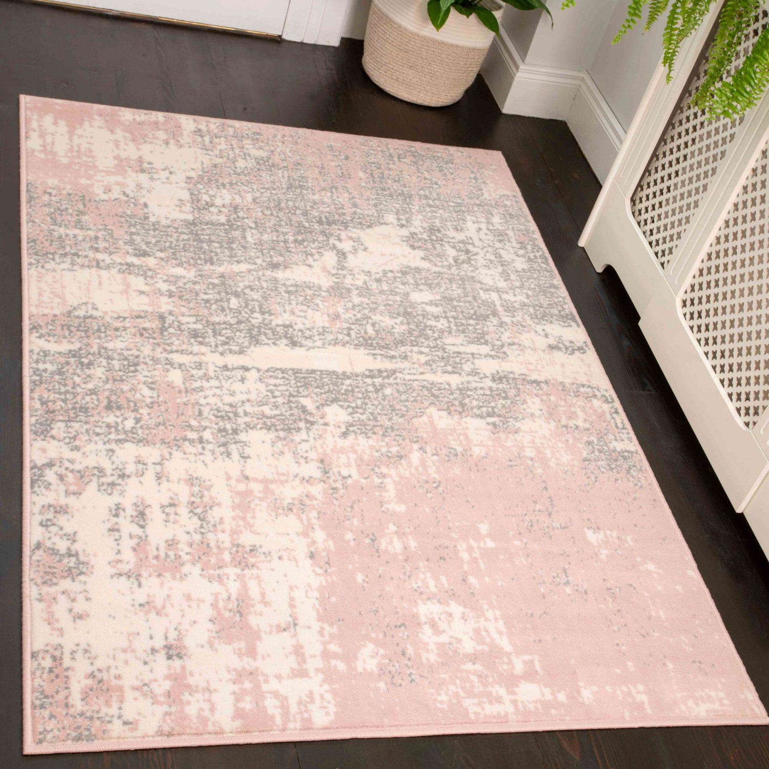 Pink Grey Distressed Worn Look Living Room Rug