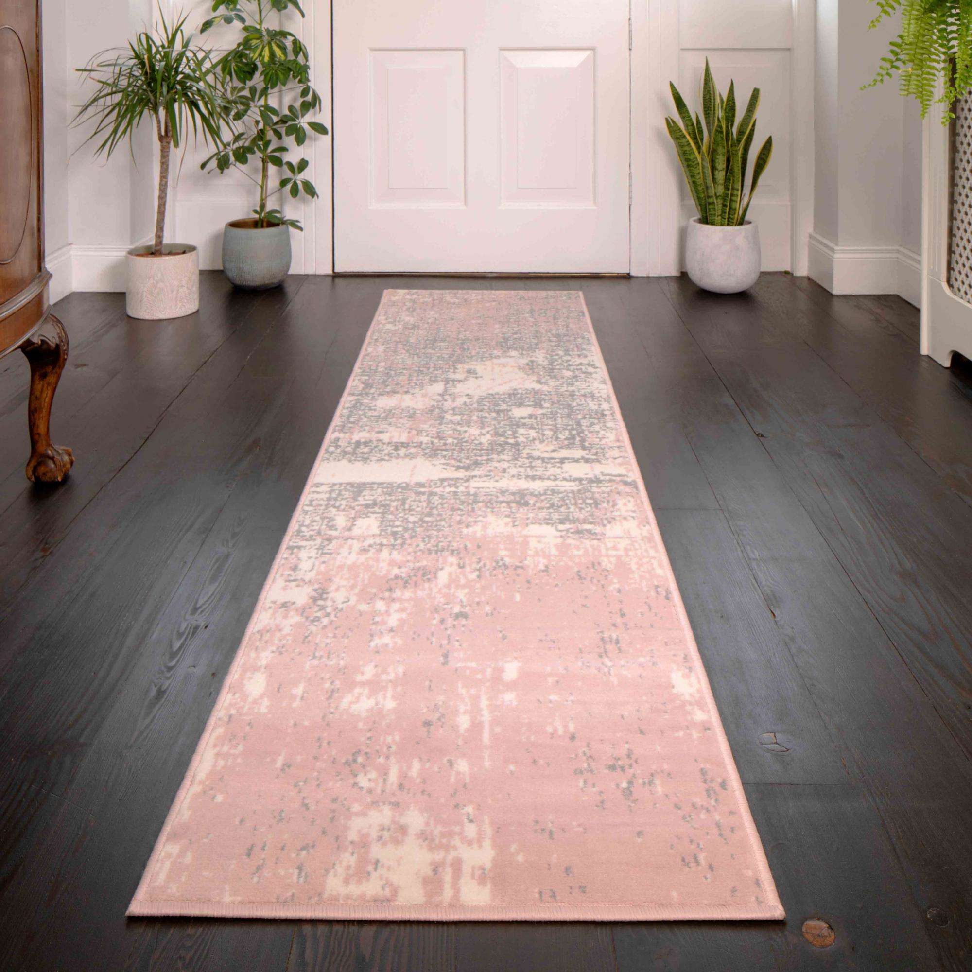 Pink Grey Distressed Worn Look Living Room Rug