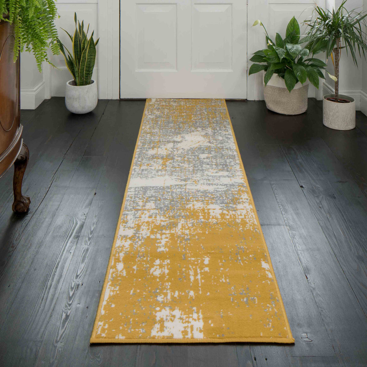 Yellow Grey Distressed Worn Look Runner Rug