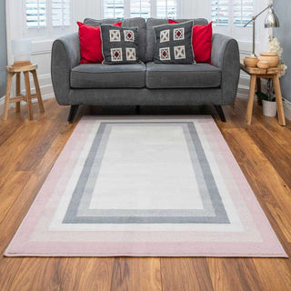 Pink Grey Bordered Framed Living Room Rug