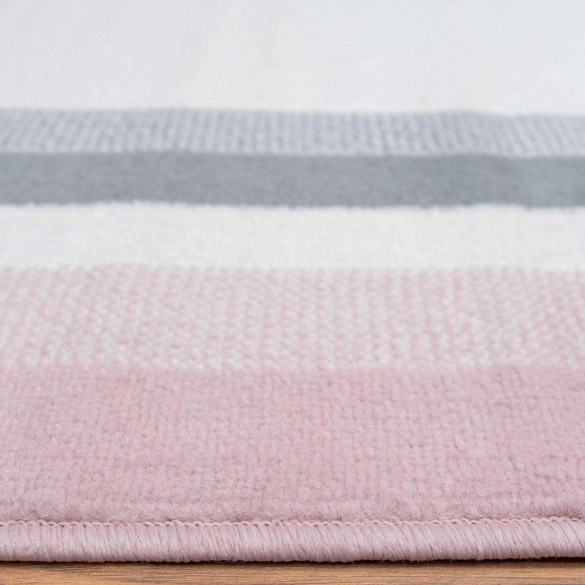 Pink Grey Bordered Framed Living Room Rug