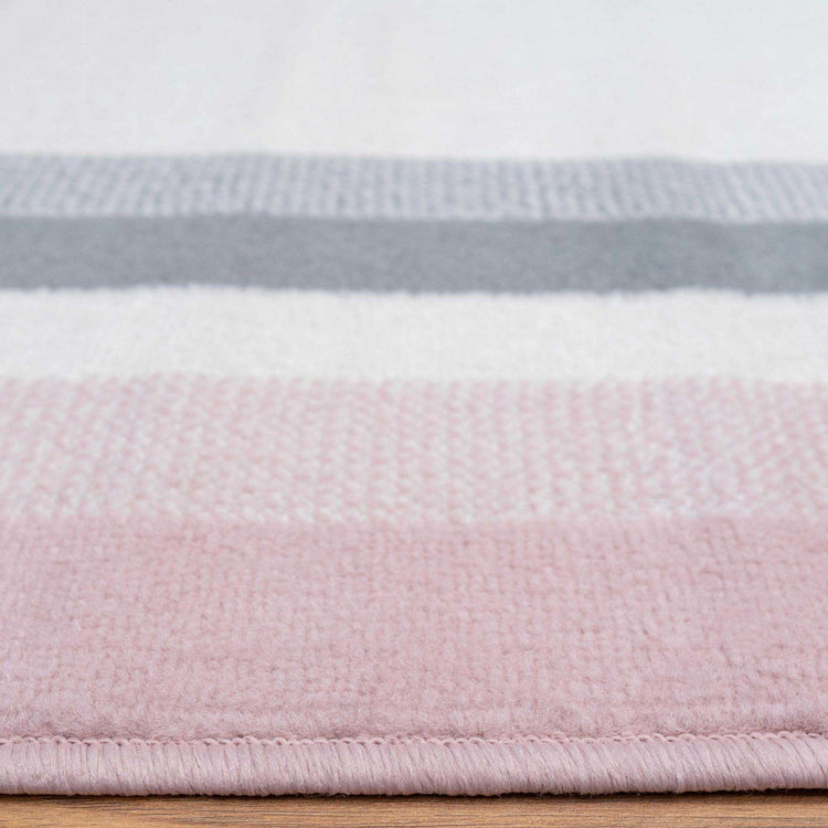 Pink Grey Bordered Framed Living Room Rug