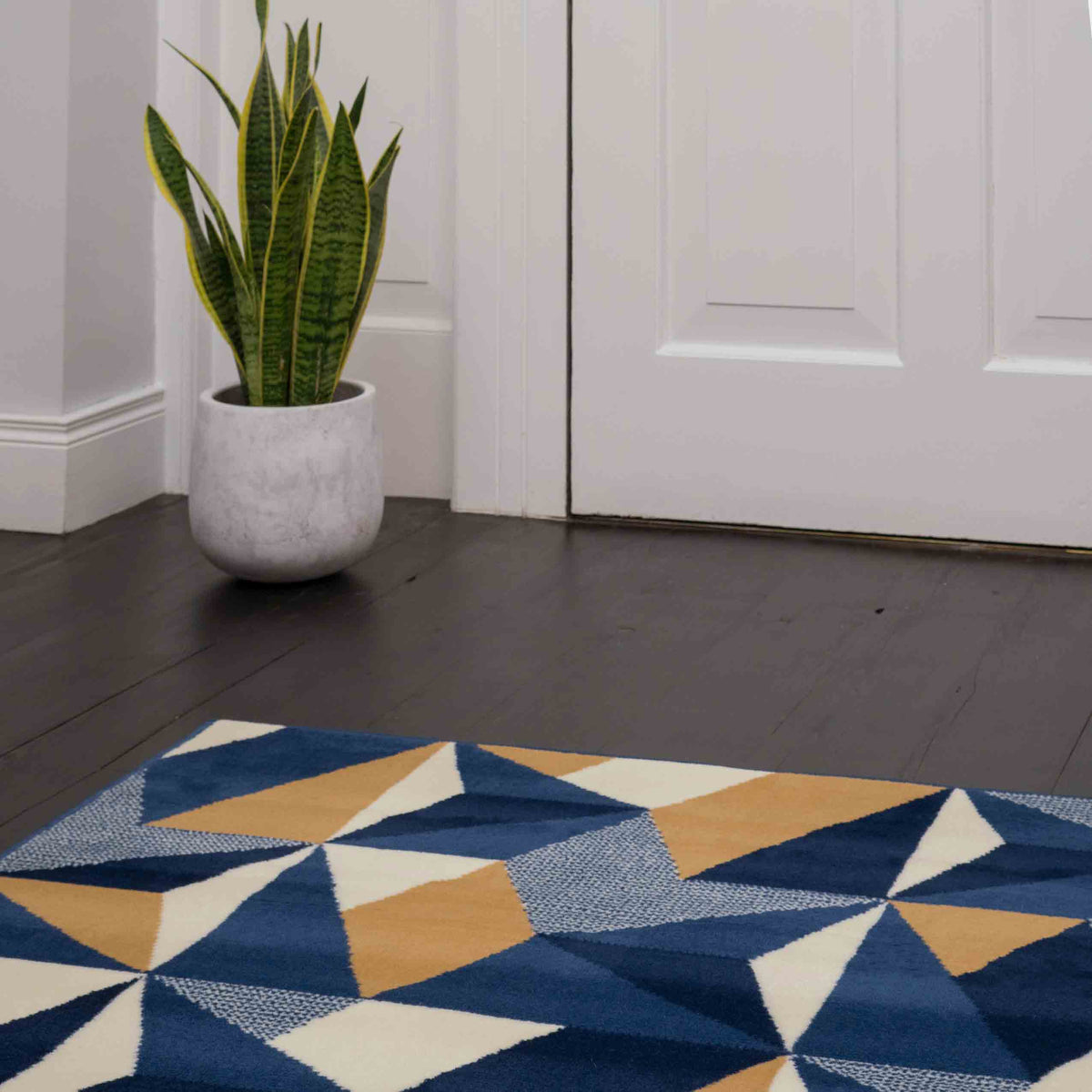 Blue Grey Modern Geometric Runner Rug