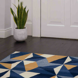 Blue Grey Modern Geometric Runner Rug