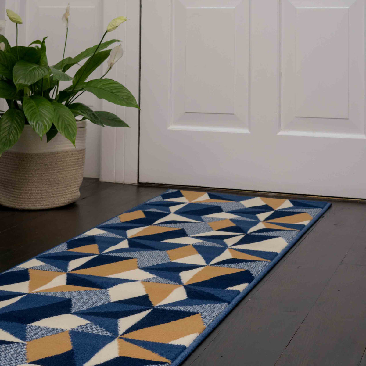 Blue Grey Modern Geometric Runner Rug