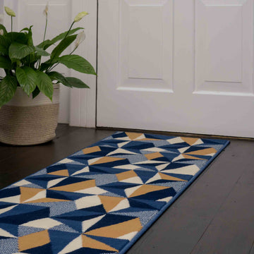 Blue Grey Modern Geometric Runner Rug